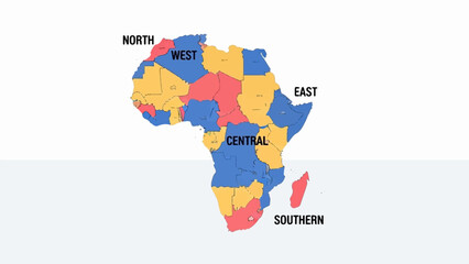 Fototapeta premium Colorful map of Africa divided into regions with labels North, West, Central, East, Southern