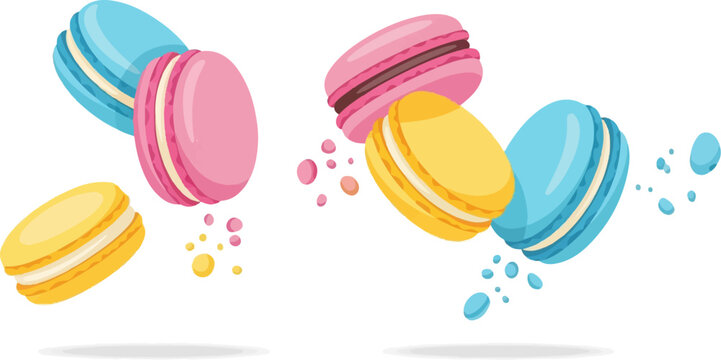 Colorful macaron pastries in mid-air with scattered crumbs