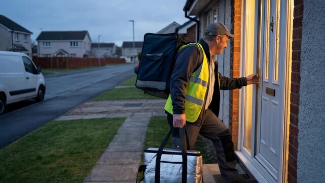 A dedicated delivery person is captured in a twilight scene, meticulously fulfilling his duty. Ready to deliver a package, embodying professionalism and reliability.