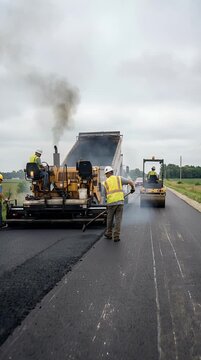 Road construction workers paving asphalt highway surface