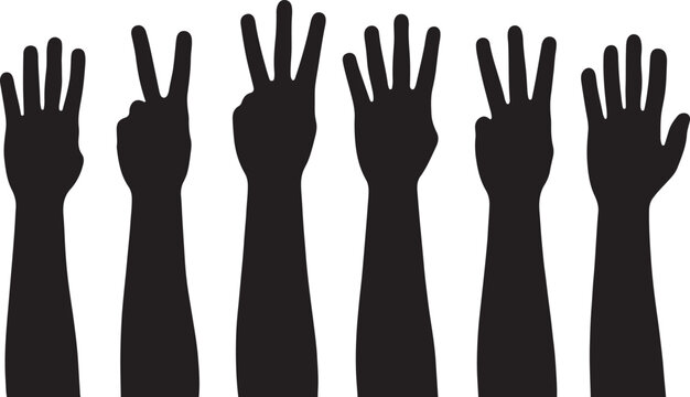 Group of raised hand in different gestures including peace and counting fingers silhouette vector illustration