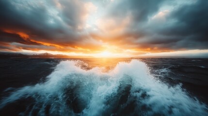 Obraz premium A captivating sunset paints the sky in warm hues while waves crash dramatically against the shore, creating a powerful image of nature's beauty and the passage of time.