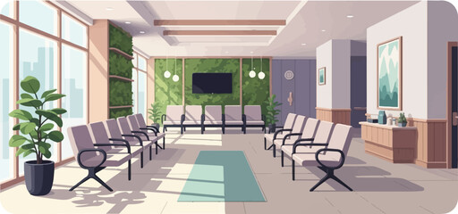 Bright waiting room with plants, chairs, and a TV
