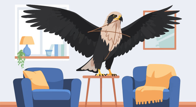 Bird perches on stool in a living room holding sticks for nest
