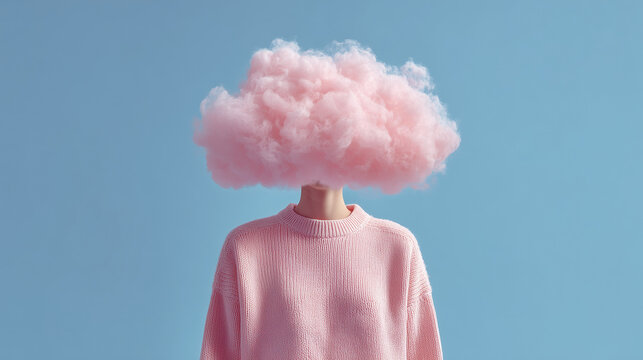 Frau mit rosa Wolke statt Kopf vor blauem Hintergrund &ndash; surreales Konzeptbild f&uuml;r Gedanken, Kreativit&auml;t und Identit&auml;t