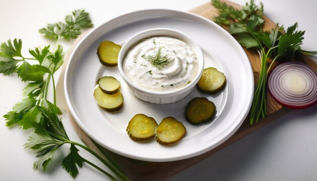Tartar Sauce Served On A Clean White Plate With Herb And Pickle Flecks Generative Ai
