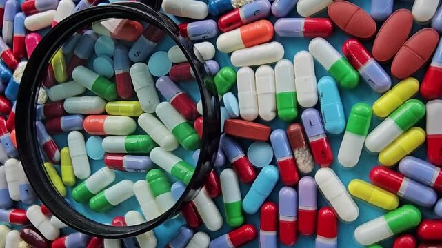 Exploring different types of pills and capsules on a colorful surface with a magnifying glass
