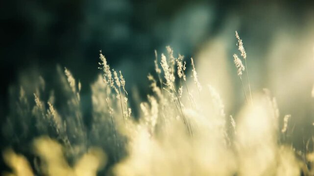 Golden light gracefully highlights delicate seed heads and blades of grass, creating a serene and ethereal natural background with ample copy space for design