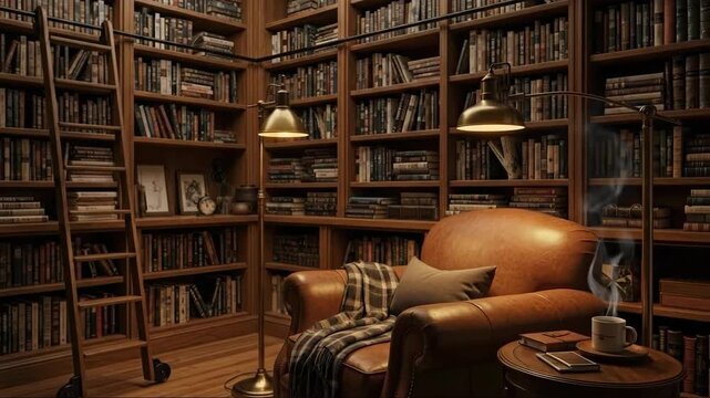 Cozy library room with armchair and bookshelves in a vintage interior setting