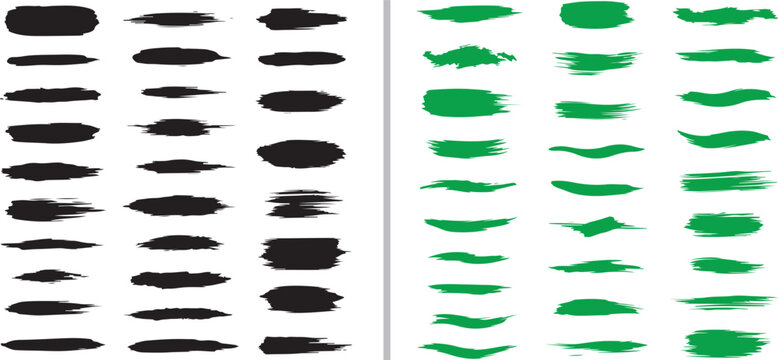 A collection of dynamic black and green vector brush strokes featuring varied horizontal smears and textured paint effects, ideal for expressive artistic accents and digital design elements.