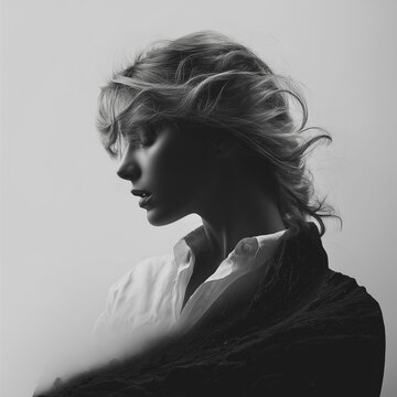 Stimmungsvolles Portr&auml;t einer jungen Frau bei D&auml;mmerung in k&uuml;hlen Blaut&ouml;nen. Ausdrucksstarke Fotografie mit nat&uuml;rlichem Licht und melancholischer Atmosph&auml;re. Ideal f&uuml;r Editorial, Mode, Emotion, Mental