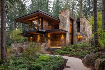 Fototapeta premium Modern house stands among tall trees with stone and wood design, surrounded by greenery and walkways in a forest setting during the evening light