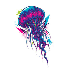 Vibrant vector illustration of a glowing jellyfish in a modern graffiti style. Features neon pink, purple, and teal colors with urban paint splatters, drips, and sharp geometric elements. © Elmar