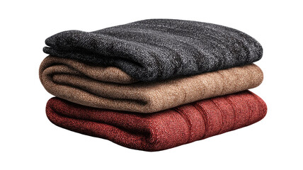 A colorful pile of soft, clean cotton towels and warm folded winter clothes creates a thick laundry stack of colorful textiles for bath and hygiene