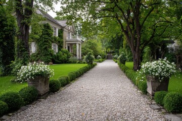 Fototapeta premium A lush green path winds its way to a spacious house nestled among tall trees and vibrant flowers, all set against a backdrop of a cloudy sky in a tranquil neighborhood