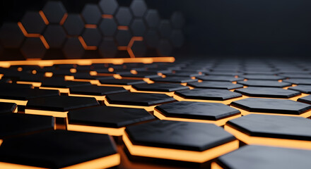 Fototapeta premium Stunning 3D render of a dark technological background featuring interconnected hexagonal tiles illuminated by vibrant neon orange light. Perfect for gaming, sci-fi design, data security concepts