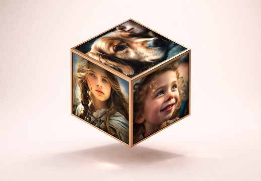White And Gold Floating Emotional Cube Photo Frame Mockup