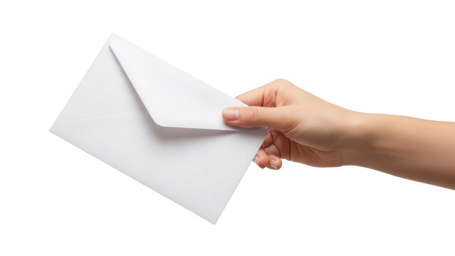 Hand holding white envelope isolated on transparent background