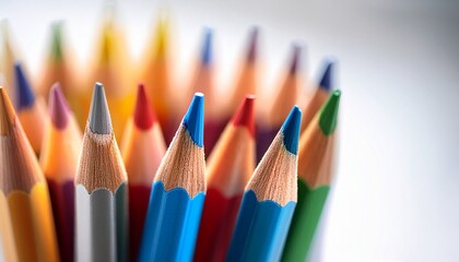 Fototapeta premium Close Up Of Colored Pencils On White Background With Soft Shadows And Bokeh High Resolution Stock Photo For Creative Design