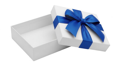 Open gift box with blue ribbon isolated on transparent background