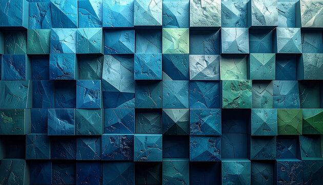 青緑タイルの立体モザイク壁面