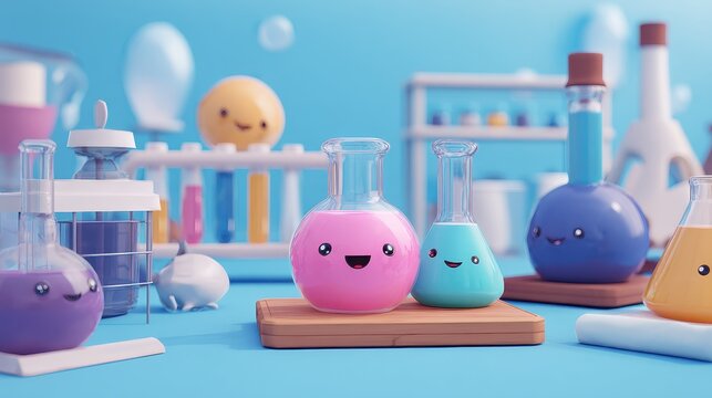 Science lab for kids, test tube experiments, simplified equipment, cheerful mood, 3D illustration.