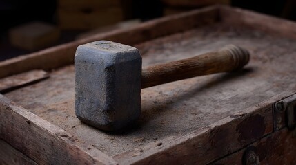A dusty old wooden handled mallet rests on a weathered wooden surface