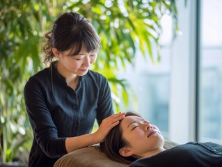 観葉植物に囲まれた空間でリラクゼーションマッサージを受け心身が安らぐ女性の癒しシーン