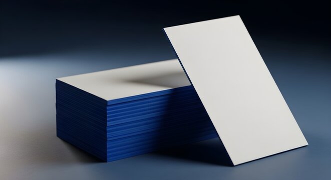 Blank white business cards with thick blue edges stacked neatly on a dark blue surface ready for professional graphic design printing mockups