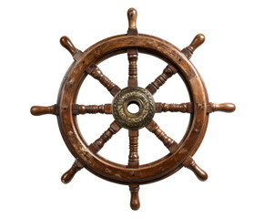 Vintage wooden ship steering wheel with an ornate brass center hub and eight spokes, showcasing classic maritime craftsmanship and nautical history in a detailed studio shot