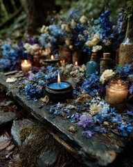 Sacred altar for forest healing guardian, overrun with wildflowers and blue flame