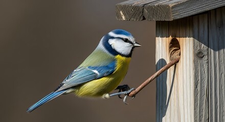 Obraz premium Small blue and yellow bird perches on a stick by a wooden nesting box.