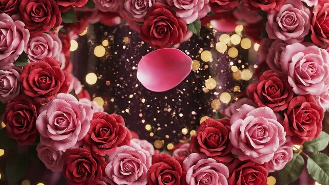 Cinematic zoom into a heart-shaped wreath of red and pink roses with falling petals and glowing bokeh background.