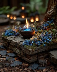 Sacred altar for forest healing guardian, overrun with wildflowers and blue flame
