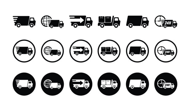 A comprehensive set of 18 delivery truck icons in flat black and white. Features express shipping, global logistics, and 24-hour service symbols in outline, circular, and solid badge styles.