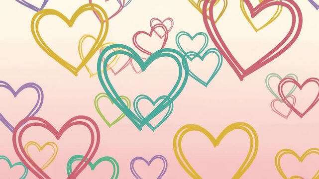 Colorful hand-drawn doodle hearts animatedly float and scroll across a seamless looping pastel background pattern.