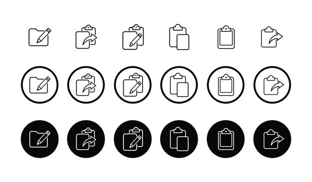 Modern document and clipboard icon set. Includes file folders, edit notes, and data export symbols in outline, circled, and solid badge styles for business workflow and UI/UX interface design.