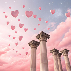 Dreamy Fantasy Landscape with Ancient Columns and Floating Pink Hearts in a Pastel Sky