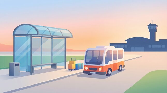 Serene sunset seaside bus stop with glass shelter and small bus &ndash; vector illustration