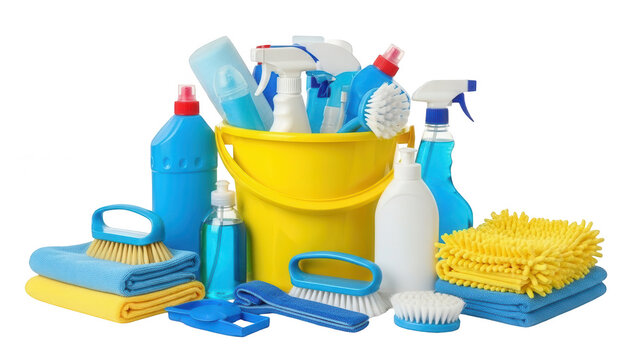 Cleaning supplies bucket set isolated on transparent background