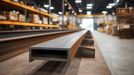 A long steel beam rests on supports in a warehouse environment showcasing industrial materials