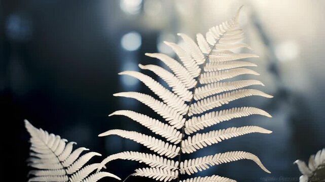 Delicate fern leaves capturing the bright sunlight filtered through the mist, creating a serene and ethereal atmosphere in the tranquil forest environment