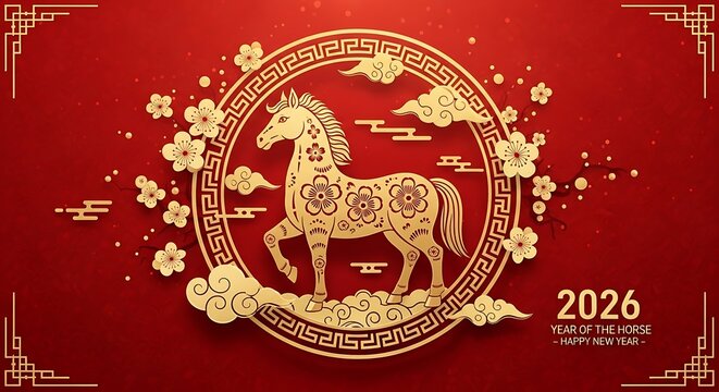 Happy Chinese new year of the horse 2026 festive banner with gold horse, flowers. illustration for header of website, happy,, chinese,, new,, year,, the,, horse,, 2026