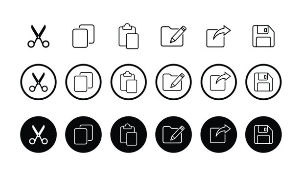 Minimalist UI icon set featuring cut, copy, paste, edit, export, and save symbols in line, outlined, and solid styles. Ideal for app design, UX mockups, and digital interfaces.