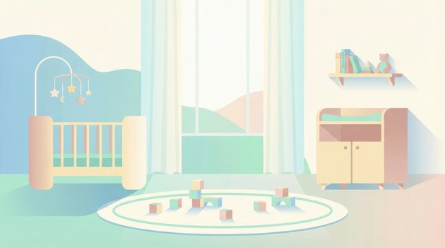 Pastel baby nursery interior illustration with crib, changing table, mobile and bookshelves in a bright windowed room calm cozy mood