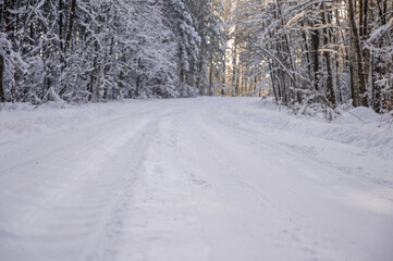 A remote rural road covered in deep snow and ice during a harsh winter. Difficult driving conditions and transportation hazards in a coniferous forest after a heavy snowfall