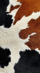 Detailed cowhide texture with rich brown, white, and black fur patterns showcasing natural organic design and intricate hair follicle variations