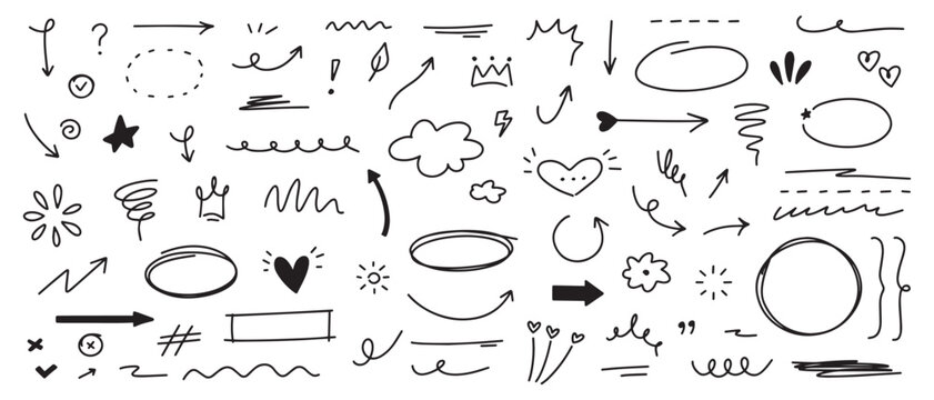 Hand drawn doodle elements set. Sketch arrows, stars, hearts and decorative scribble lines.Perfect for text decoration, highlights, notes, planners, presentations and creative design projects.