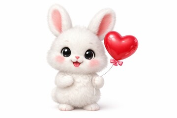 Cute Baby  Bunny Animals 3D Illustration Holding Heart Balloon for Valentine Love Concept