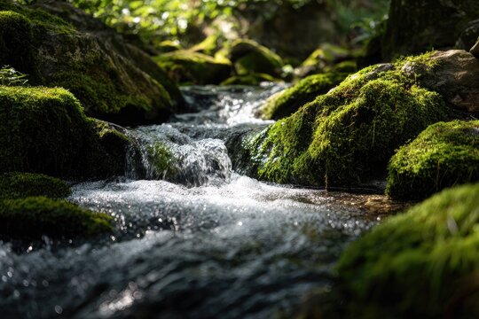 Crystal clear mountain stream flows past mossy rocks in sun-dappled forest